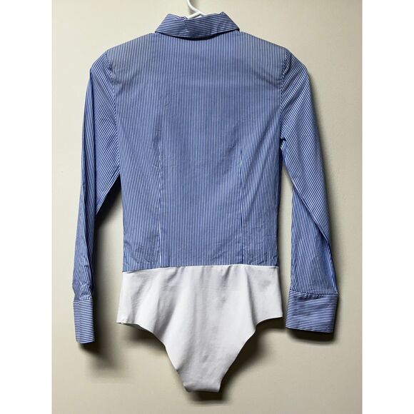 NWOT - ZARA Classic Blue/White Striped Button Up Long Sleeve Bodysuit, Sz XS - Picture 2 of 10
